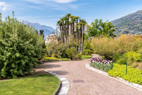 Landschap van de botanische tuinen van Villa Taranto met kleurrijke bloemen en palmen, Italië. — Stockfoto