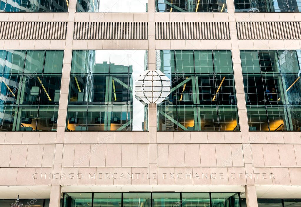 Chicago, Illinois, USA - August 16, 2014:  Background of Chicago Mercantile Exchange Center facade with logo, is an office complex of two towers in Chicago.
