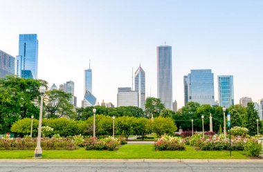 Chicago Grant Park arka plan, Illinois, ABD içinde gökdelenler ile