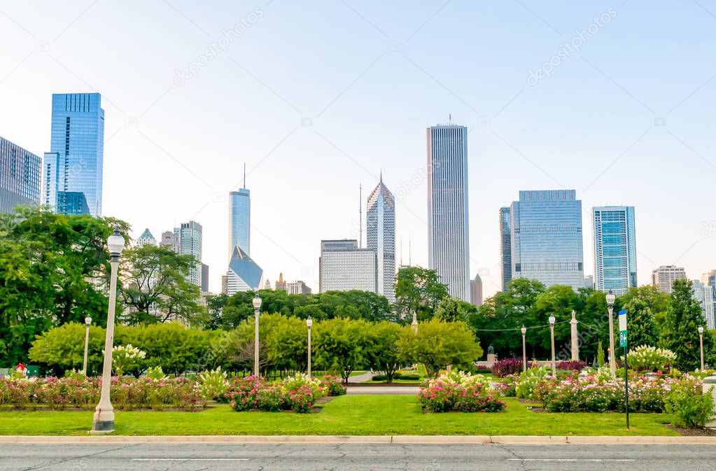 Chicago Grant Park with skyscrapers in background, Illinois, USA