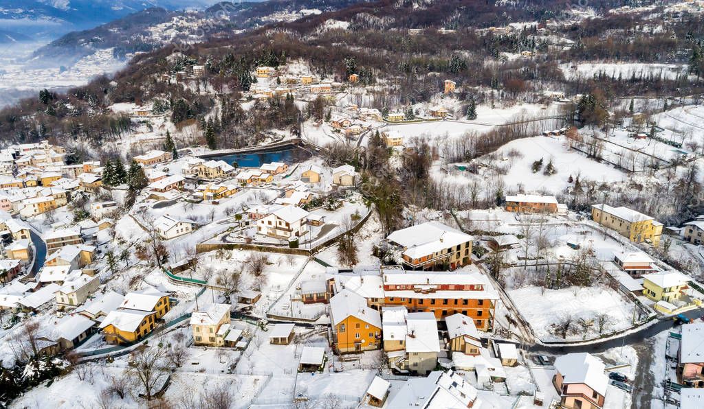Aerial view of the Ferrera di Varese winter landscape, is a small village located in the hills not of Varese, Italy