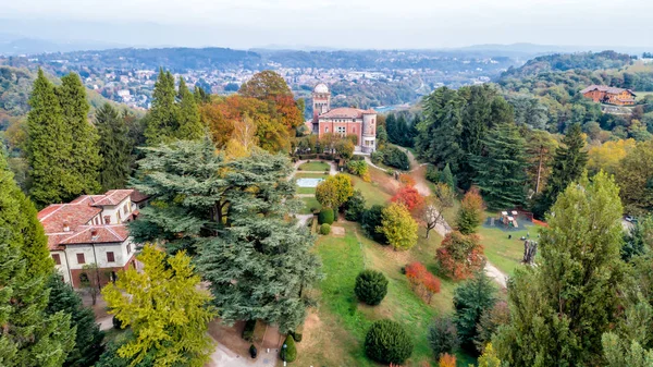 Aerial view of Villa Toeplitz with autumn park in Varese, Italy