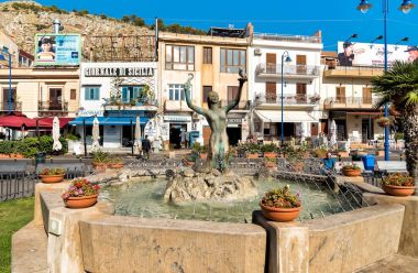 Mondello - Palermo, Sicily, Italy - October 9, 2017: View of Sirena fountain on the central square of Mondello in Palermo. clipart