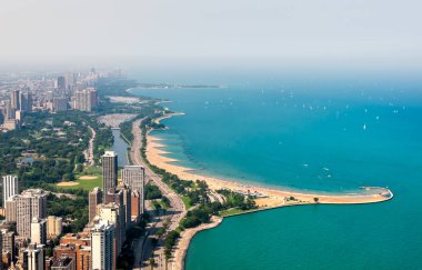 Michigan lakefront ve Chicago manzarası gökdelenler, Illinois, ABD ile Üstten Görünüm