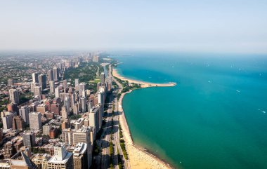 Michigan lakefront ve Chicago manzarası gökdelenler, Illinois, ABD ile Üstten Görünüm