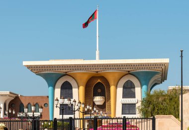 Muscat, Oman - February 10, 2020: Front view of the Al Alam Palace of one of six sultanic residences, located in Old Muscat in Sultanate of Oman.