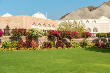 Umman Sultanlığı 'ndaki Eski Muscat' ta bulunan altı sultan evinden birinin, Al Alam Sarayı 'nın çiçekli bahçesi..