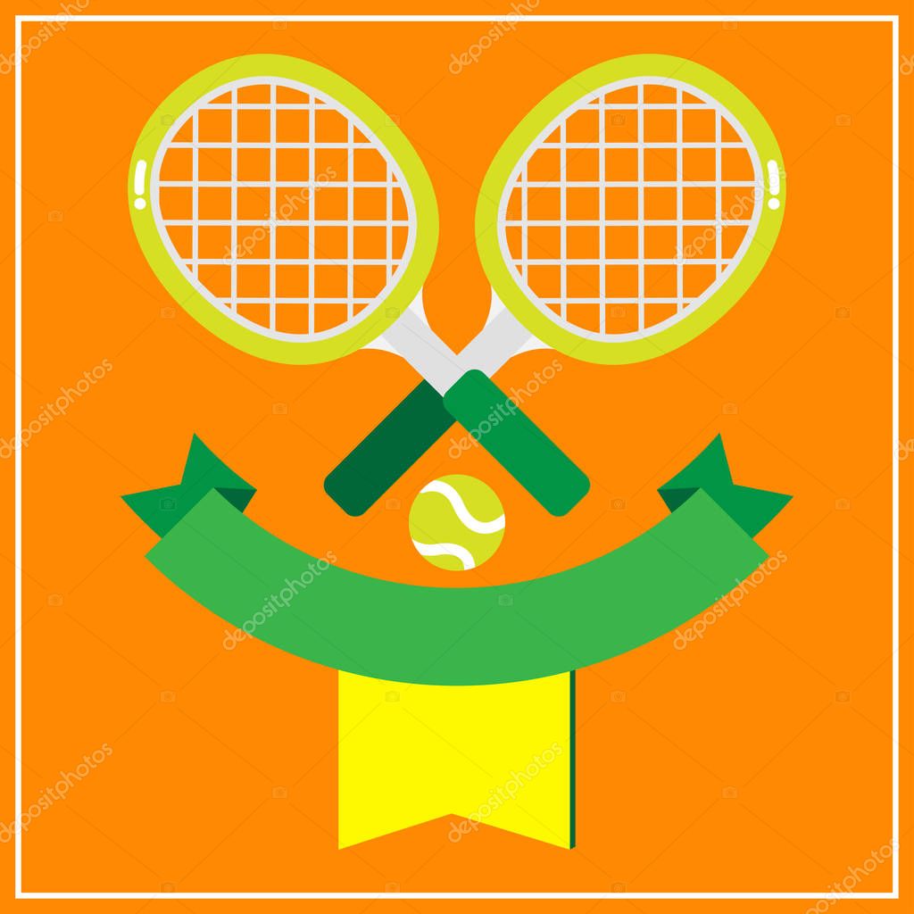 2 tennis racquets with the green tennis ball decorated with green banner on brown background.