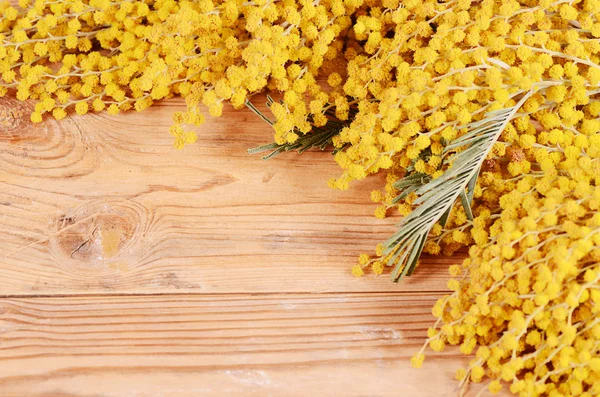 Gelbe Mimosen auf Holzbrettern — Stockfoto