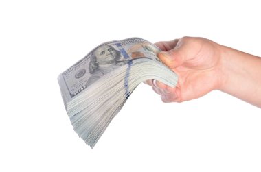 Beyaz arka plan üzerinde izole adam elinde dolar