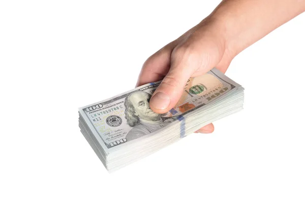 Dólares en mano de hombre aislados sobre fondo blanco — Foto de Stock