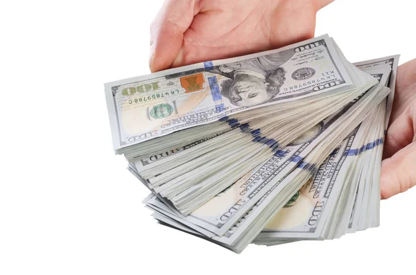 Dólares na mão homem isolado no fundo branco — Fotografia de Stock