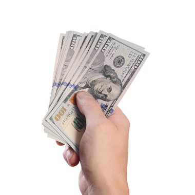 Beyaz arka plan üzerinde izole adam elinde dolar