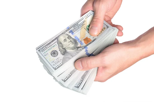 Dollari nell'uomo isolato a mano su sfondo bianco — Foto Stock