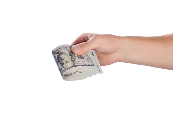 Dólares en mano de hombre aislados sobre fondo blanco — Foto de Stock