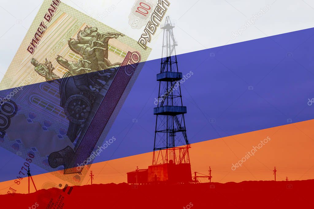 Monopoly of Russian gas. Gas platform for gas production against the background of the Russian flag and one hundred ruble note. Russian gas production tower with flag double exposure collage