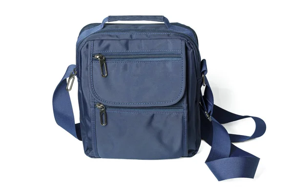 Mavi naylon çanta, beyaz arka planda izole edilmiş omuz üstünden erkekler için.