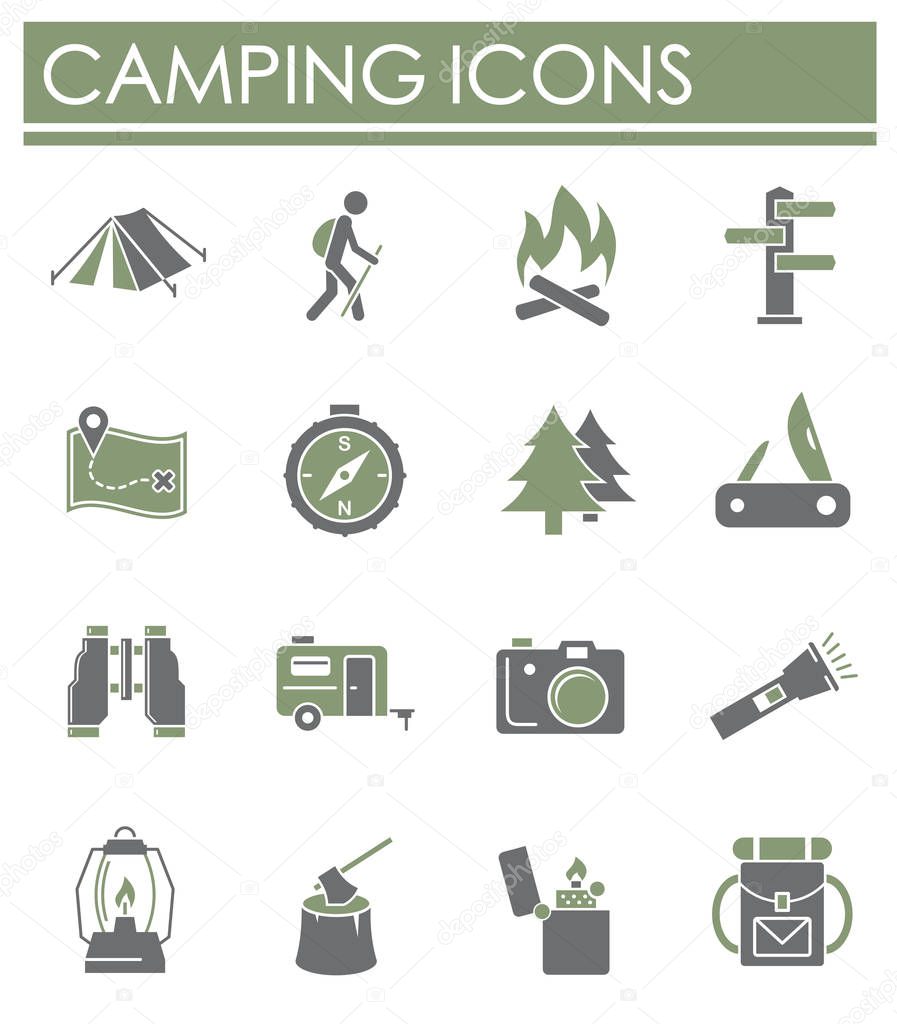 Camping icons set on background for graphic and web design. Creative illustration concept symbol for web or mobile app.