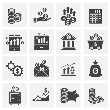 Grafik ve web tasarımı için arka planda yatırımlarla ilgili simgeler ayarlandı. Web veya mobil uygulama için yaratıcı illüstrasyon konsepti sembolü.