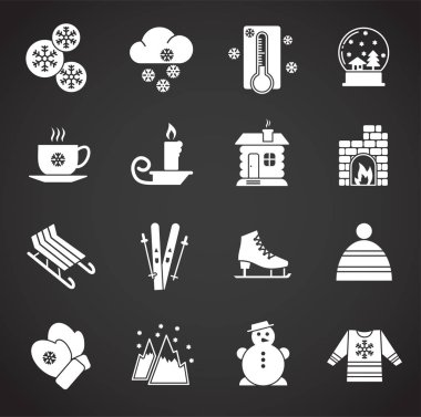 Grafik ve web tasarımı için arkaplanda kışa ilişkin simgeler oluşturuldu. Basit bir illüstrasyon. Web sayfası düğmesi ya da mobil uygulama için internet konsepti sembolü.