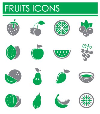 Grafik ve web tasarımı için arka planda meyvelerle ilgili simgeler ayarlandı. Web veya mobil uygulama için yaratıcı illüstrasyon konsepti sembolü.