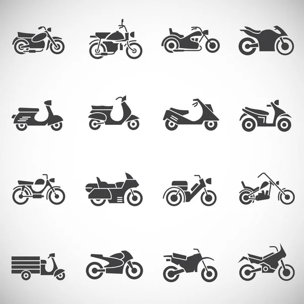 Grafik ve web tasarımı için arka planda motosiklet simgeleri ayarlandı. Web veya mobil uygulama için yaratıcı illüstrasyon konsepti sembolü.