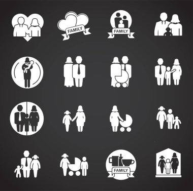 Grafik ve web tasarımı için arka planda aile ile ilgili simgeler ayarlandı. Web veya mobil uygulama için yaratıcı illüstrasyon konsepti sembolü.