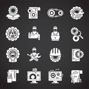 Grafik ve web tasarımı için arka planda mühendislikle ilgili simgeler ayarlandı. Web veya mobil uygulama için yaratıcı illüstrasyon konsepti sembolü.