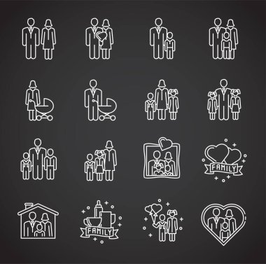 Grafik ve web tasarımı için arka planda aile ile ilgili simgeler ayarlandı. Web veya mobil uygulama için yaratıcı illüstrasyon konsepti sembolü.