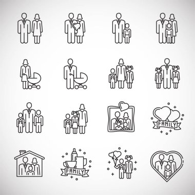 Grafik ve web tasarımı için arka planda aile ile ilgili simgeler ayarlandı. Web veya mobil uygulama için yaratıcı illüstrasyon konsepti sembolü.