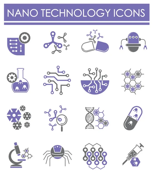 Nanotechnologie-bezogene Symbole setzen auf Hintergrund für Grafik- und Webdesign. kreatives Illustrationskonzept Symbol für Web oder mobile App. — Stockvektor