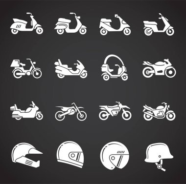 Grafik ve web tasarımı için arka planda motosikletle ilgili simgeler ayarlandı. Web veya mobil uygulama için yaratıcı illüstrasyon konsepti sembolü.