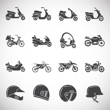 Grafik ve web tasarımı için arka planda motosikletle ilgili simgeler ayarlandı. Web veya mobil uygulama için yaratıcı illüstrasyon konsepti sembolü.