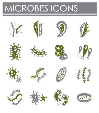 Grafik ve web tasarımı için arka planda mikropla ilgili simgeler ayarlandı. Web veya mobil uygulama için yaratıcı illüstrasyon konsepti sembolü.