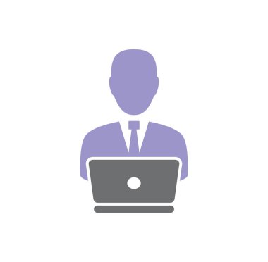 Grafik ve web tasarımı için arka planda iş adamı ve bilgisayarla ilgili simge. Web veya mobil uygulama için yaratıcı illüstrasyon konsepti sembolü.