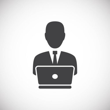 Grafik ve web tasarımı için arka planda iş adamı ve bilgisayarla ilgili simge. Web veya mobil uygulama için yaratıcı illüstrasyon konsepti sembolü.