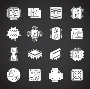 Grafik ve web tasarımı için arkaplanda işlemci çipi ile ilgili simgeler ayarlandı. Web veya mobil uygulama için yaratıcı illüstrasyon konsepti sembolü.