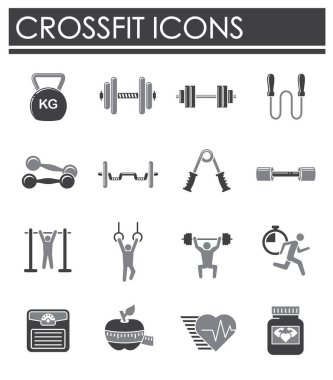 Arkaplanda grafik ve web tasarımı için Crossfit ilgili simgeler ayarlandı. Web veya mobil uygulama için yaratıcı illüstrasyon konsepti sembolü.