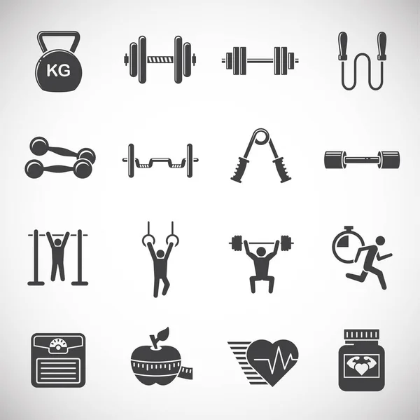 Arkaplanda grafik ve web tasarımı için Crossfit ilgili simgeler ayarlandı. Web veya mobil uygulama için yaratıcı illüstrasyon konsepti sembolü.