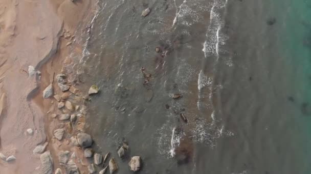 Beach top view, waves break on tropical yellow sand beach. Sea waves on yellow sand beach. Video above turquoise blue sea water on the sand shore. — Stock Video