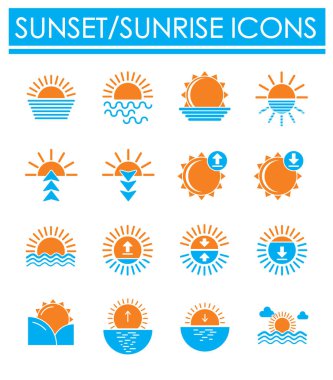 Sunset Sunrise ile ilgili simgeler grafik ve web tasarımı için arka planda ayarlandı. Web veya mobil uygulama için yaratıcı illüstrasyon konsepti sembolü.