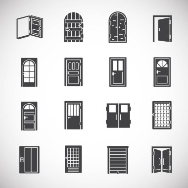 Grafik ve web tasarımı için arka planda kapı simgeleri ayarlandı. Web veya mobil uygulama için yaratıcı illüstrasyon konsepti sembolü.