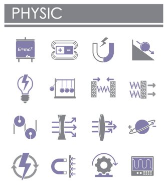Grafik ve web tasarımı için arka planda fizikle ilgili simgeler ayarlandı. Web veya mobil uygulama için yaratıcı illüstrasyon konsepti sembolü.