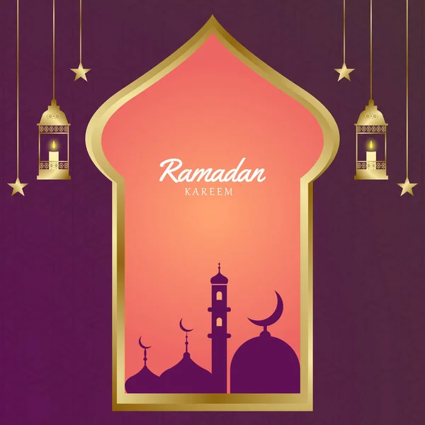 Conceito Ramadan Kareem Com Mesquita Lua Janela Belo Crepúsculo Lanternas — Vetor de Stock