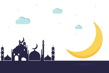 Ramazan ayında bir caminin düz manzarasının vektör çizimi. arkaplan, poster, tebrik kartı olarak kullanılıyor.