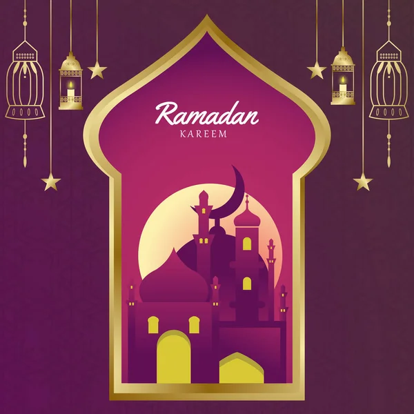 Camii Penceresinde Olan Ramazan Kareem Kavramı Güzel Alacakaranlık Geleneksel Fenerler — Stok Vektör