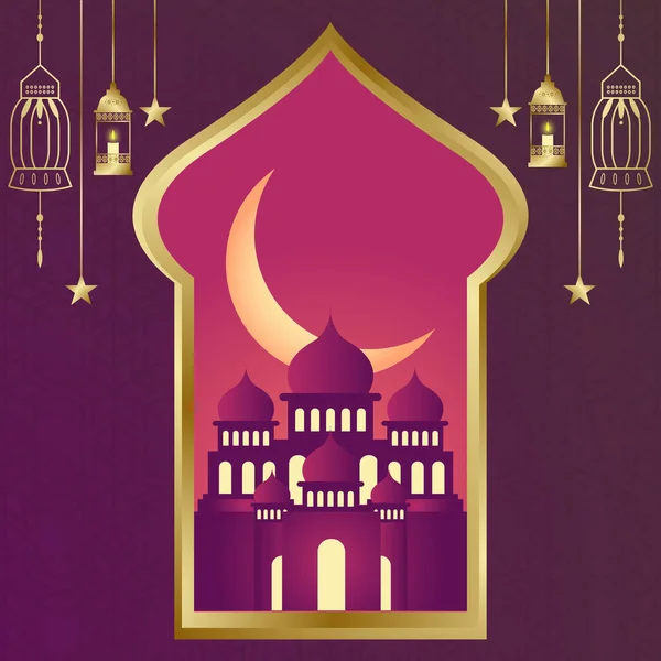 Ιδέα Του Ραμαζανιού Καρίμ Τζαμί Και Φεγγάρι Στο Παράθυρο Όμορφο — Διανυσματικό Αρχείο