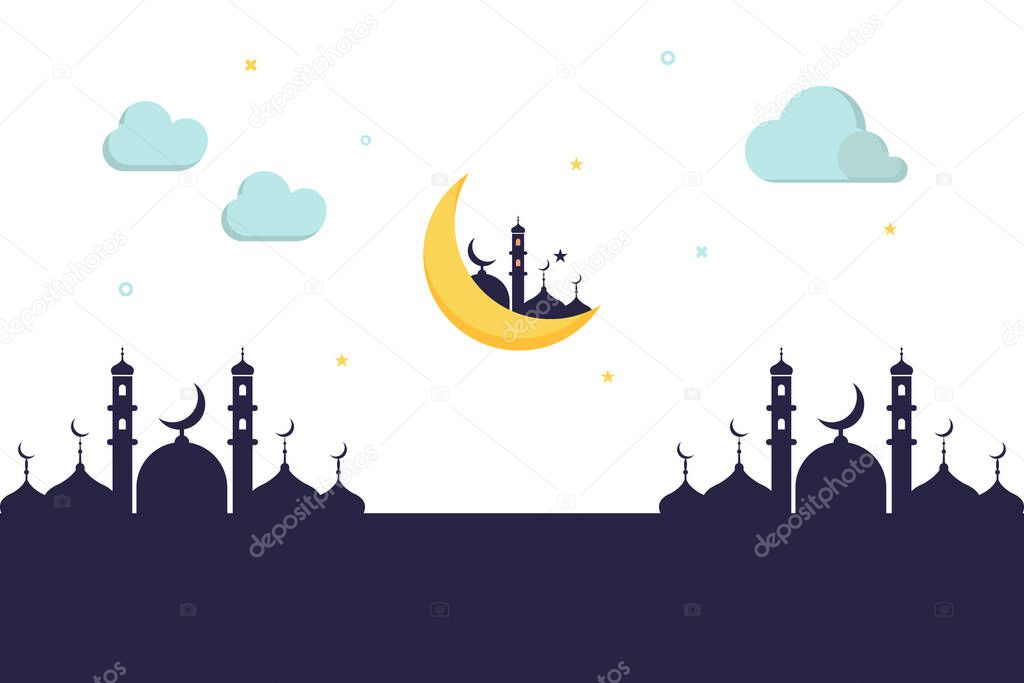 Vector illustration of a flat landscape of a mosque in the month of Ramadan. used as a background, poster, greeting card.