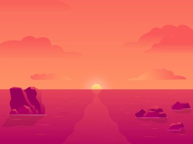 Peyzaj arka planı. Akşam ya da sabah görüşü çizgi film çizimi. Okyanusta gün batımı ya da gün doğumu, pembe bulutlar gökyüzünde parlayan güneşe su yüzeyine çıkan kayalarla.