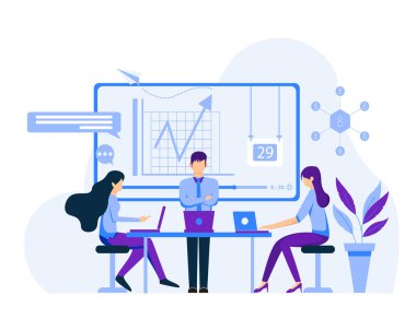 Ev tasarımı konseptleri üzerinde çalışıyorum. Serbest çalışan bir kadın evinde dizüstü bilgisayarın önünde çalışıyor. Beyaz arkaplanda izole edilmiş vektör çizimi. Çevrimiçi eğitim, eğitim.